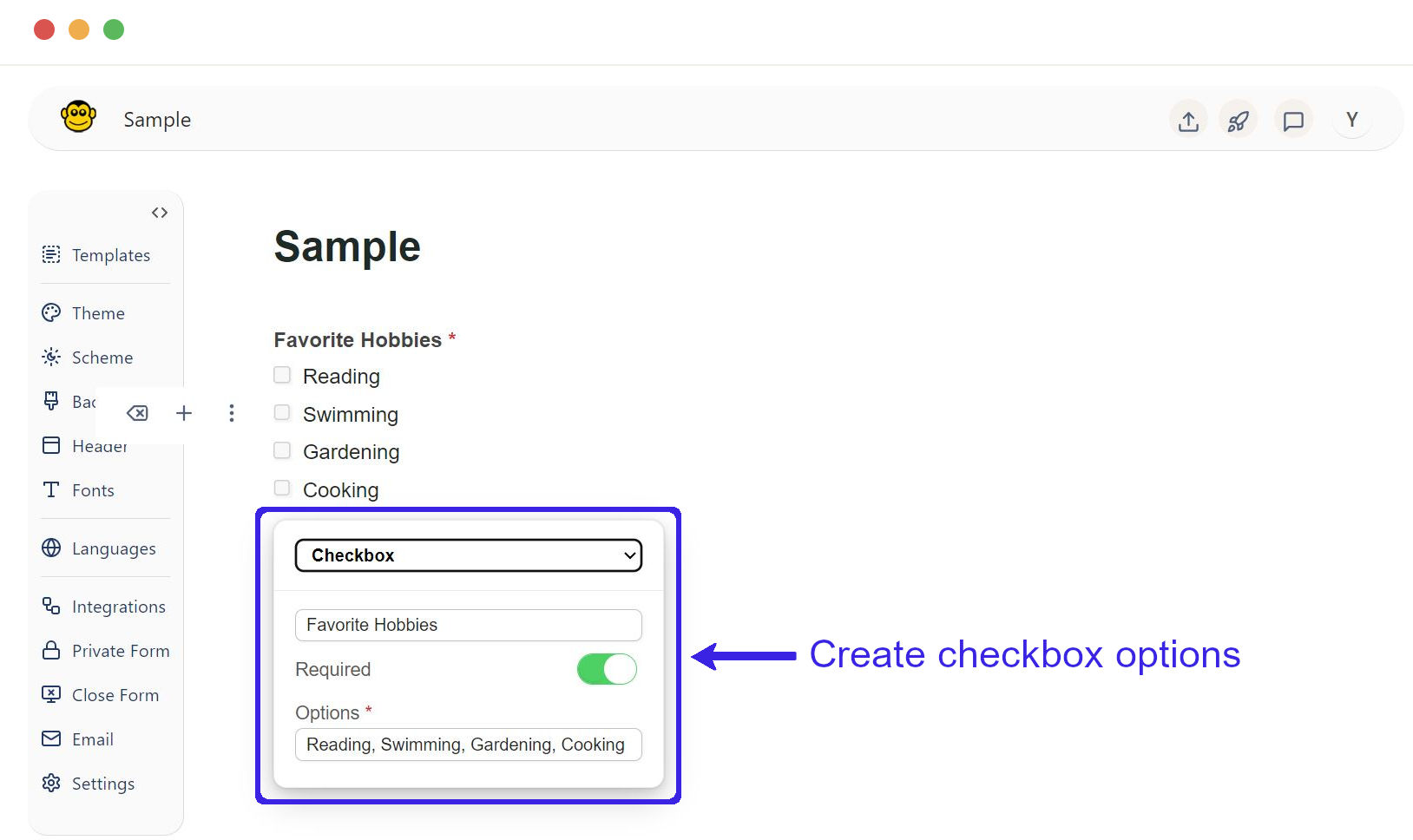 Create checkbox options