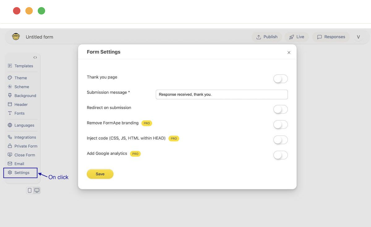 Form settings modal view