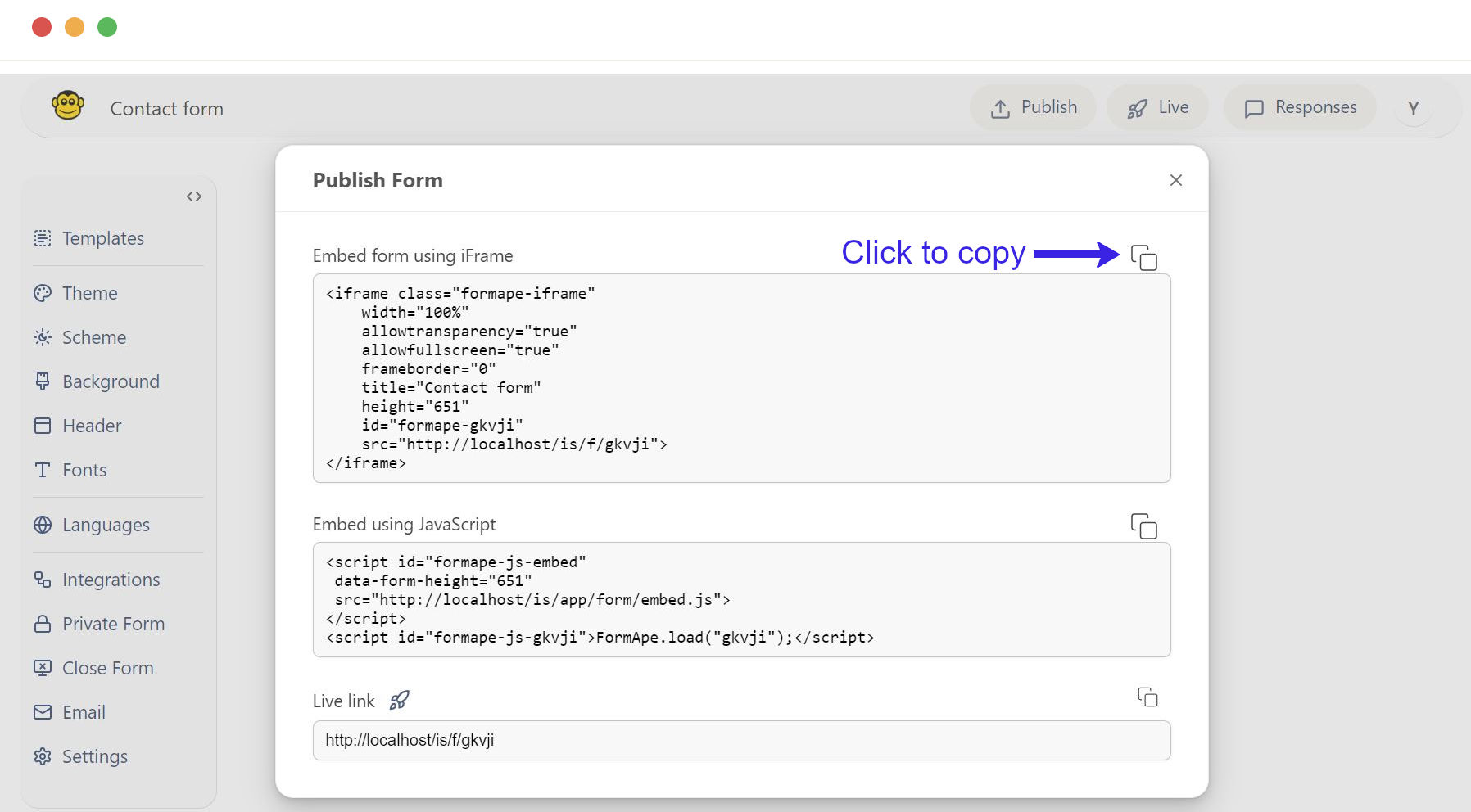 Embed iframe click copy