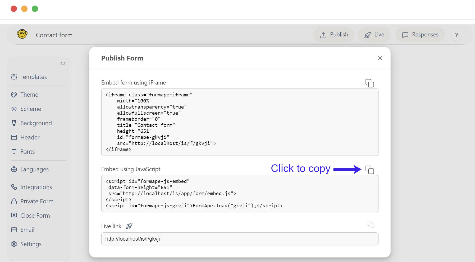 Embed javascript click copy