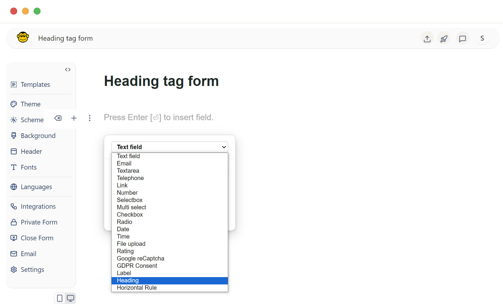 Form heading tag field