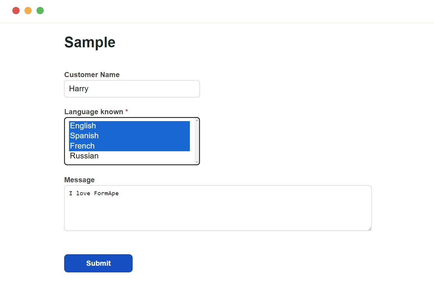 Sample multi select field form